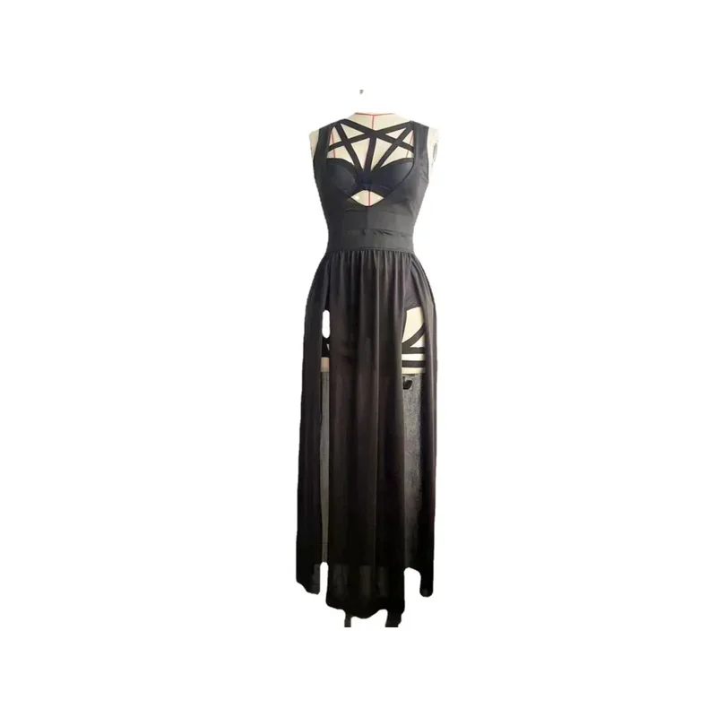 Vintage Gothic Club Sexy Summer Suit Women Sleeveless Black Corset Crop Top   Bandage Underpants Mesh Split Skirt 3pcs Sets