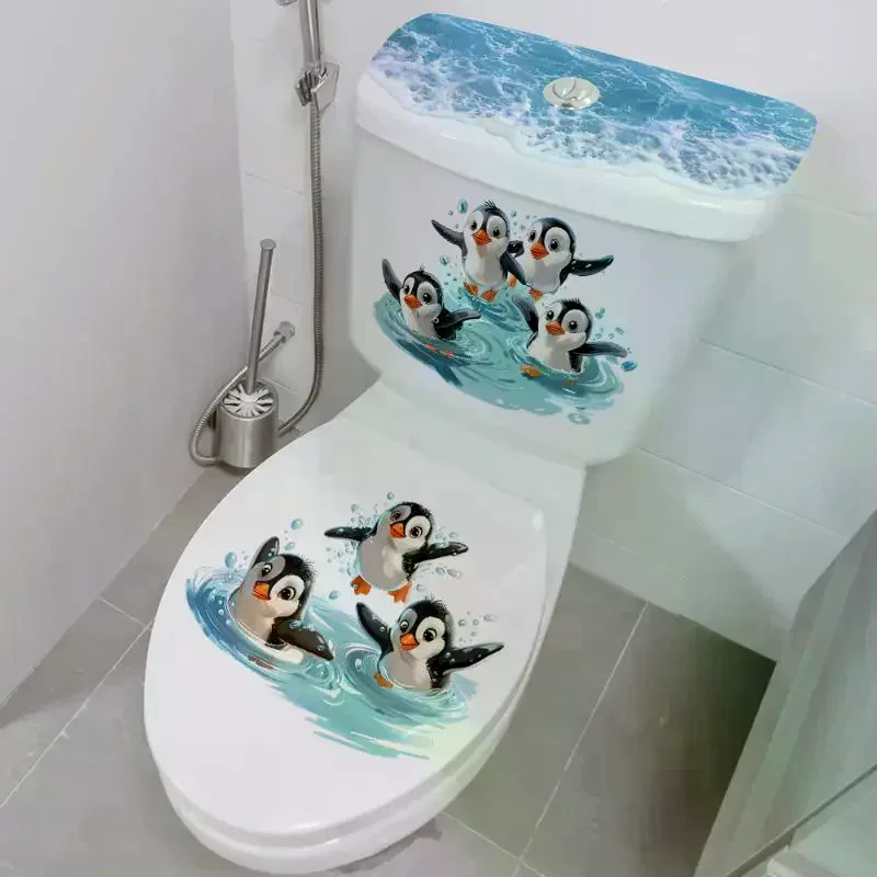 Cartoon Fun Penguins Ocean Wave Toilet Seat Stickers For Kids Bathroom Home Decoration Cute