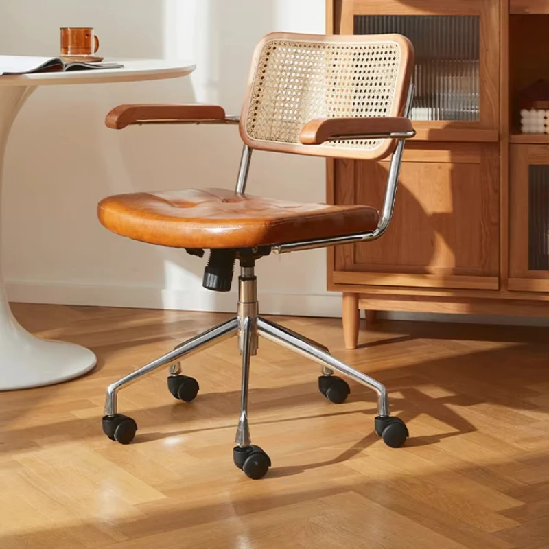 

Antique Multifunctional Metal Rotary Armchair, Upholstered Adjustable Office Chair with Natural Rattan Backrest