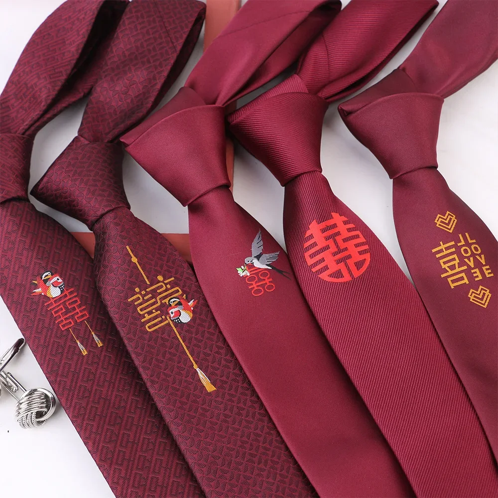 Newly Married Wedding Apparel Accessories Men Groom Happiness Ties Magpie Chinese Style Red Hand Tie Male Neck Wear