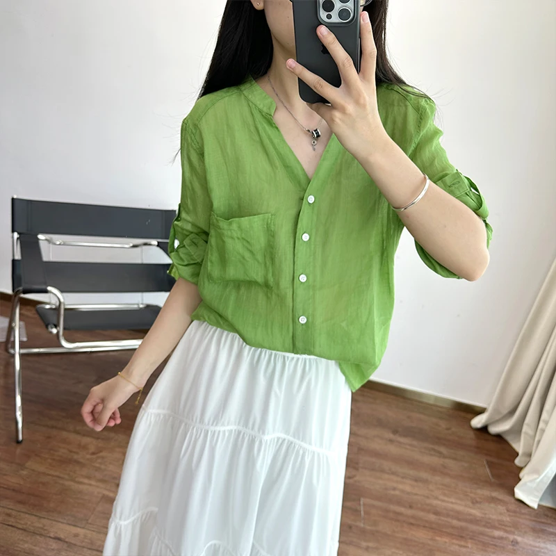 

Meecion Women's Linen irt Loose Fit Lightweight Sun Protection Cardigan Summer Versatile Casual Sle Seven Sve V-Ne