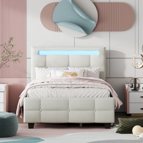 Twin Size Upholstered Platform Bed with LED Frame and 2 Drawers, Linen Fabric, Beige