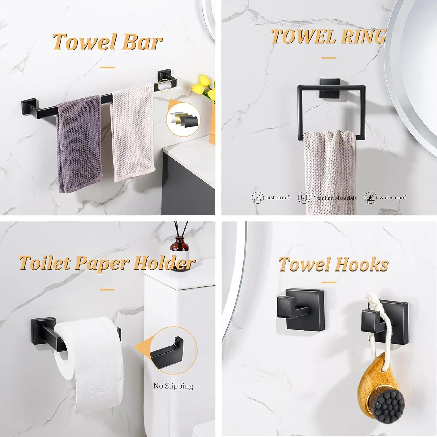 Bathroom Hardware Accessories Set 10 Pieces Matte Black Towel Bar Set 24 Inch, Towel Rack Rings Stainless Steel Bath Coat