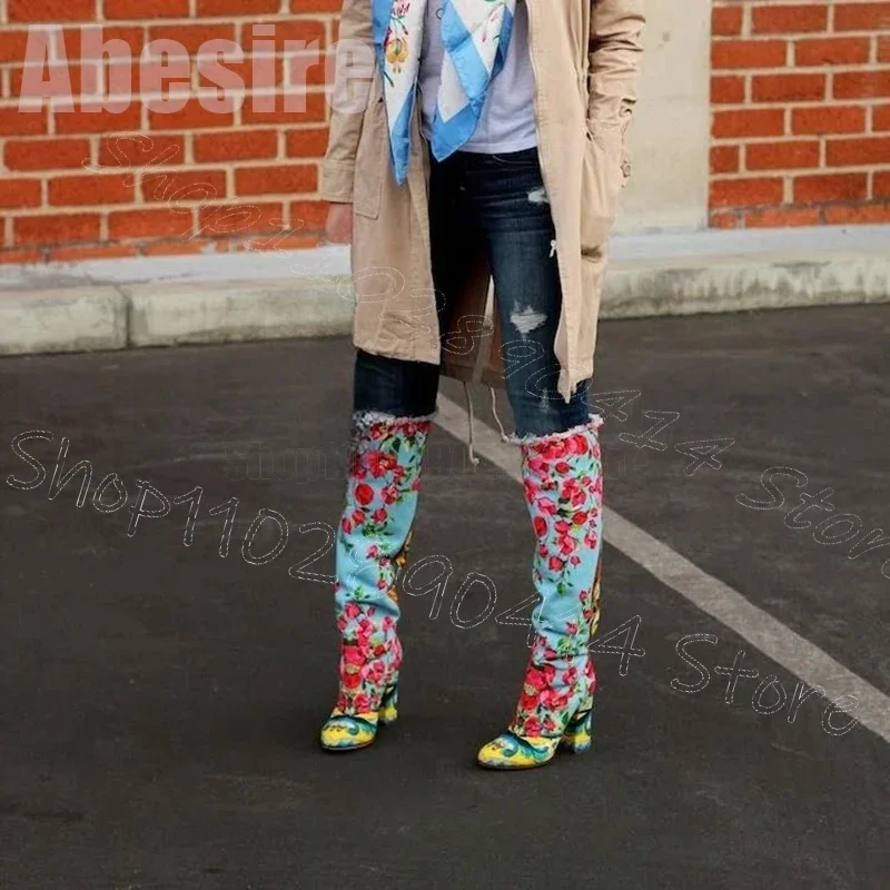 

Colorful Floral Embroidery Design Pointed Toe Boots Slip On Women Shoes Chunky High Heels Party Banquet 2025 Zapatos Para Mujere