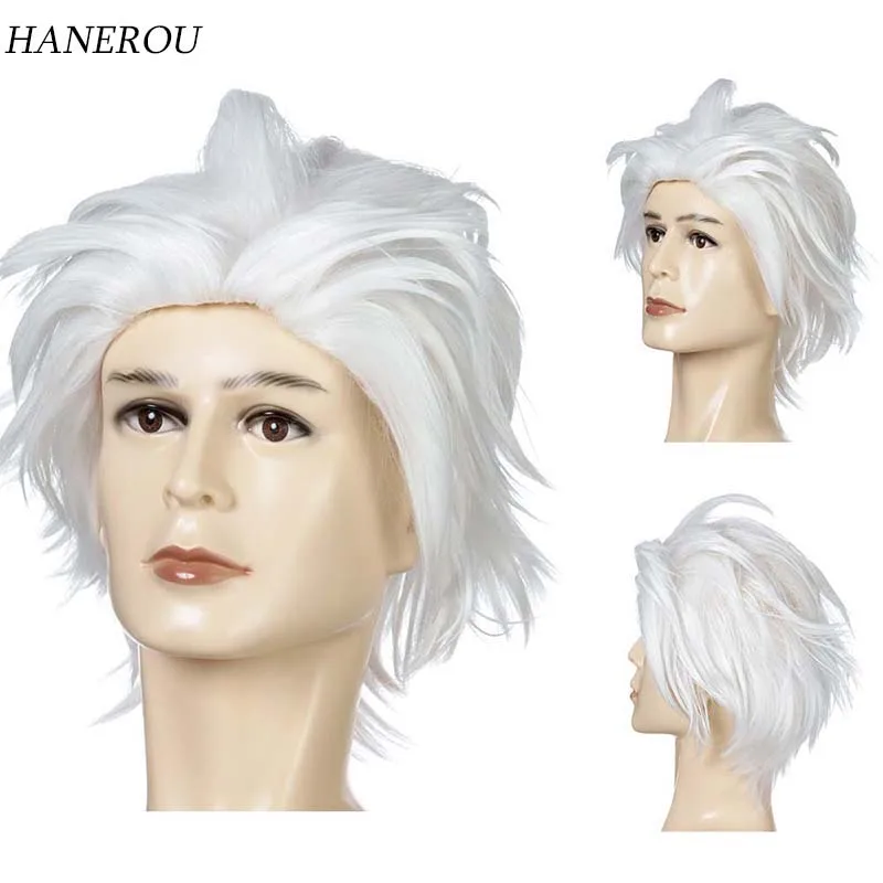 Men Short Wig Synthetic Straight Curly White Hair Wig Heat Resistant Wig for Daily Anime Cosplay Party