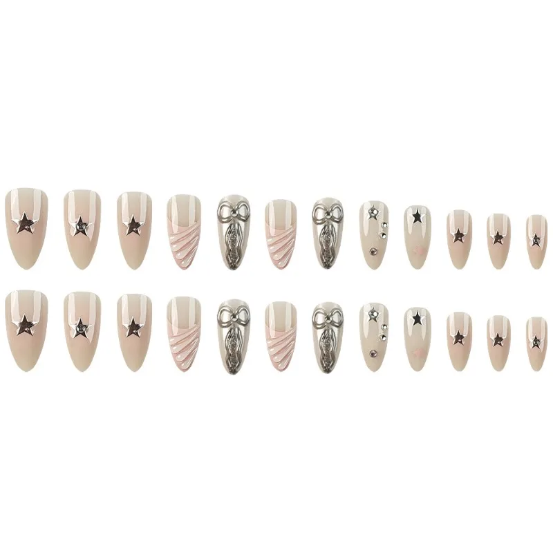 24 قطعة من الأظافر الصناعية مع حواف مسحوقة على شكل نجمة جل بالتنقيط مسحوق مرآة ثلاثية الأبعاد وتصميم القوس أطراف أظافر مناسبة للفتيات