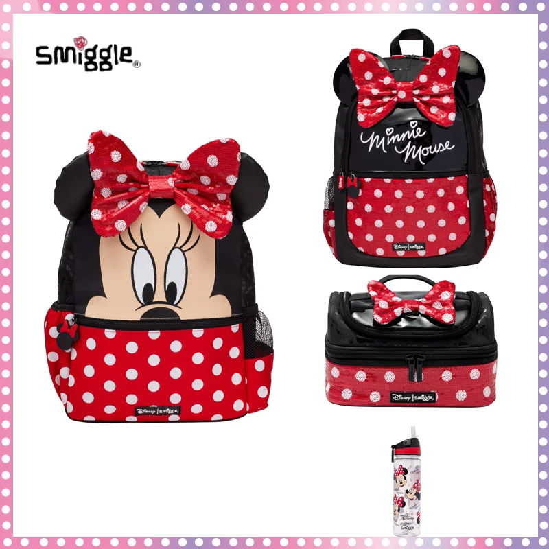 

New Australian Smiggle Backpack Disney Minnie Red Large Capacity Cartoon Schoolbags For Students Pull Rod Backpack Straw Cup Set