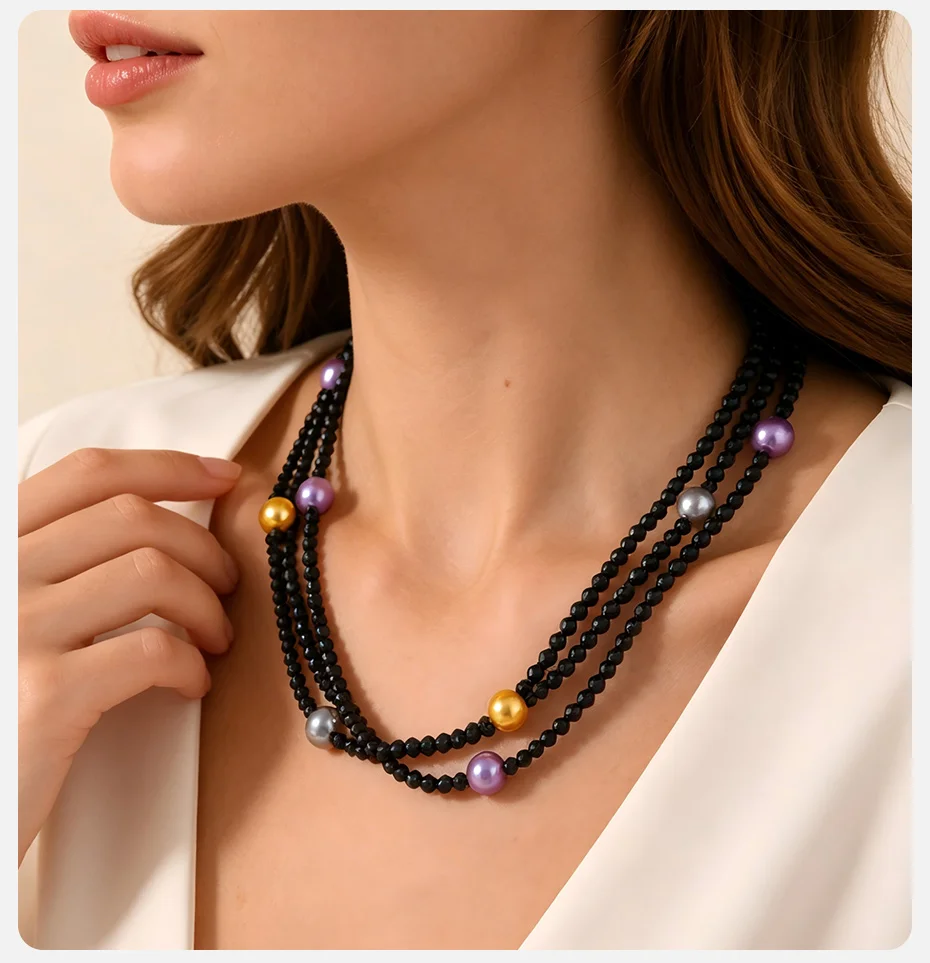 Vnox Handgefertigte Halskette aus schwarzem Kristall-Spinell mit Perlen für Damen, mehrschichtige lila Imitationsperlen-Halskette, Schmuck. – Detail 3
