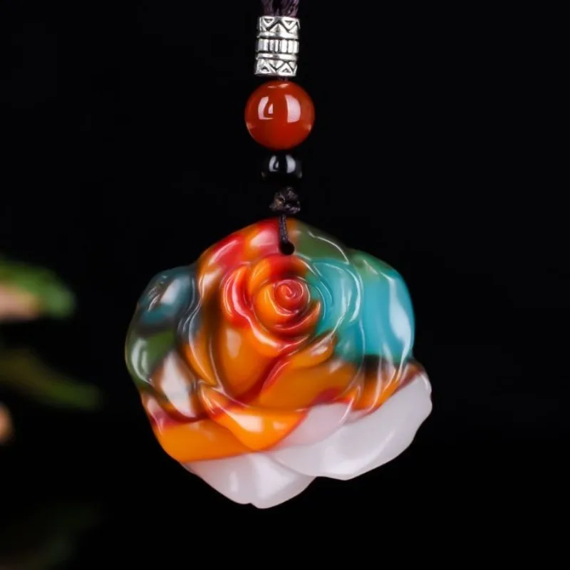 Natural Colorful  Ladies Gold Jade Chicken Blood Jade Colorful Jade Rose Pendants