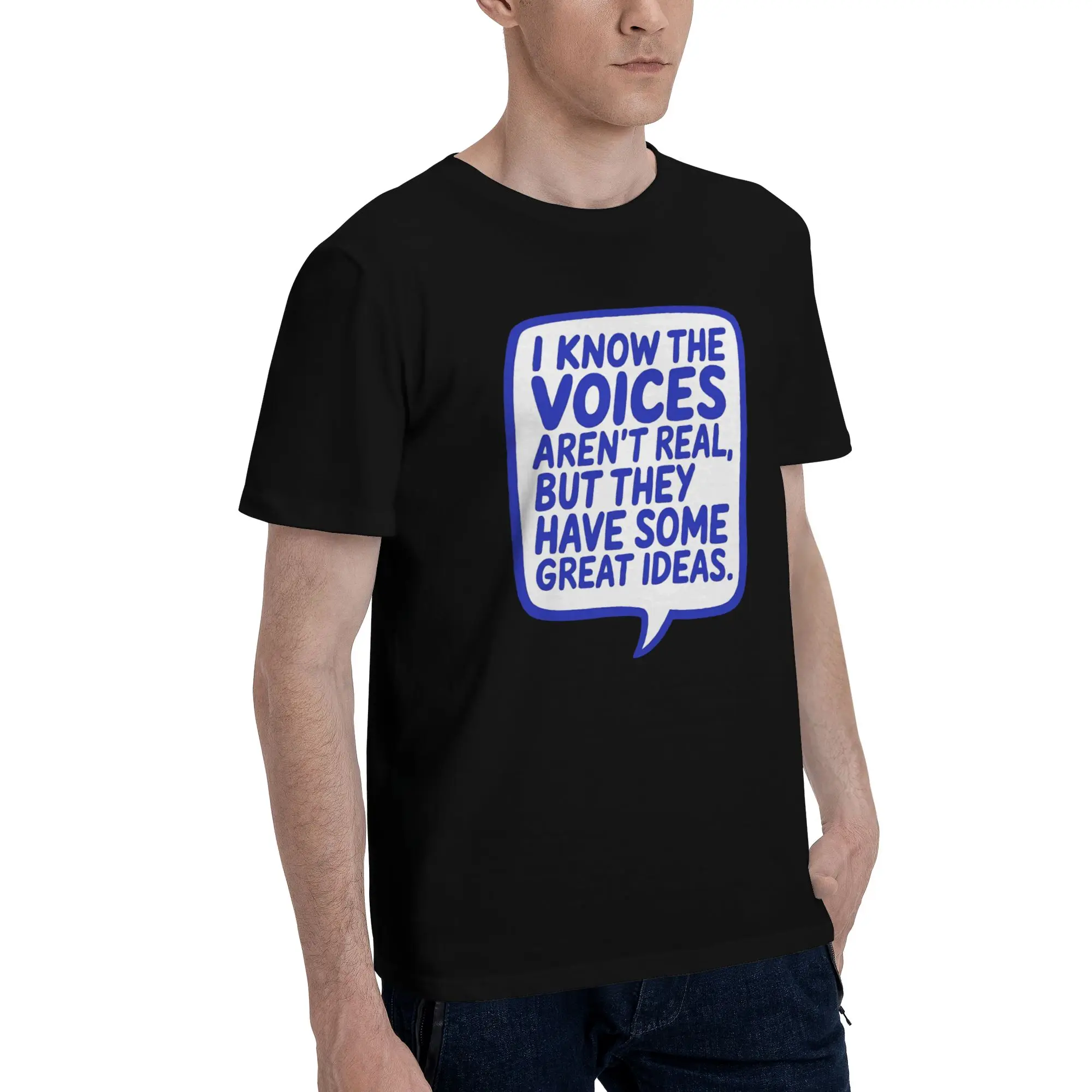 1 Piece Blue Funny 100% Cotton T-Shirt I Know The Voices Aren't Real Tees Tops For Men