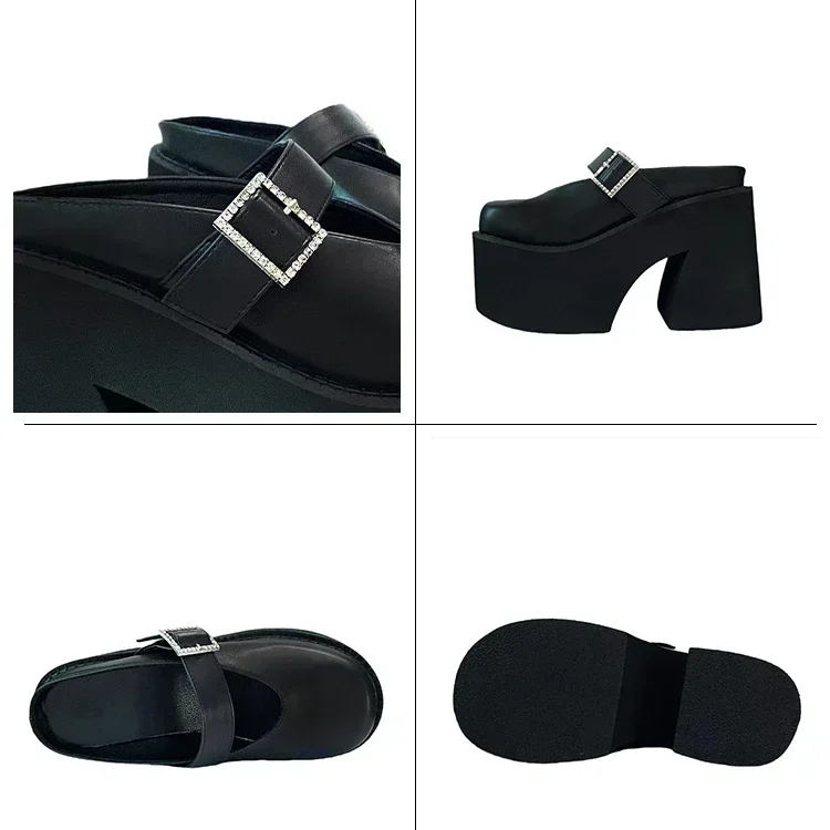 Novo design dedo do pé redondo sandálias plataforma grossa moda fivela de cinto bombas femininas verão salto alto mules sapatos mary jane chinelos