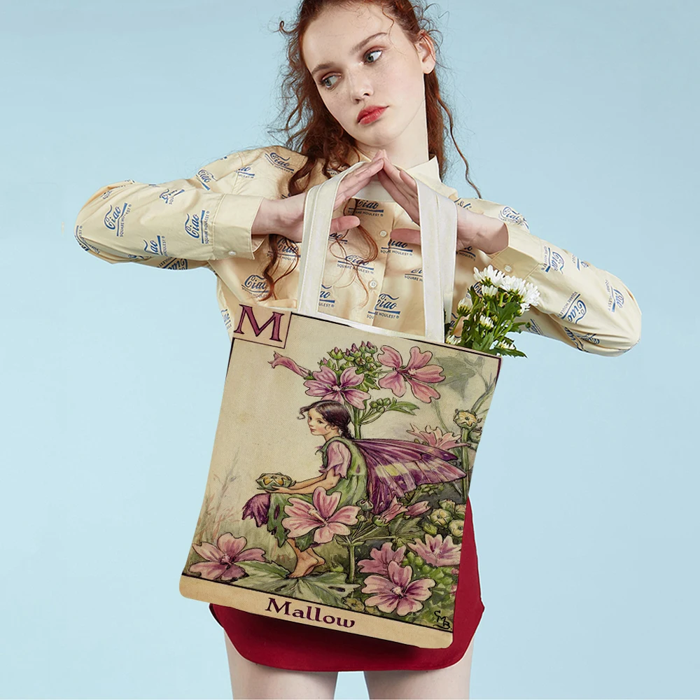 Vintage Floral Cartoon Kid Tote Handbag for Girl Casual Canvas Women Shopping Shoulder Bag Flower Elf Fairy Tale Children