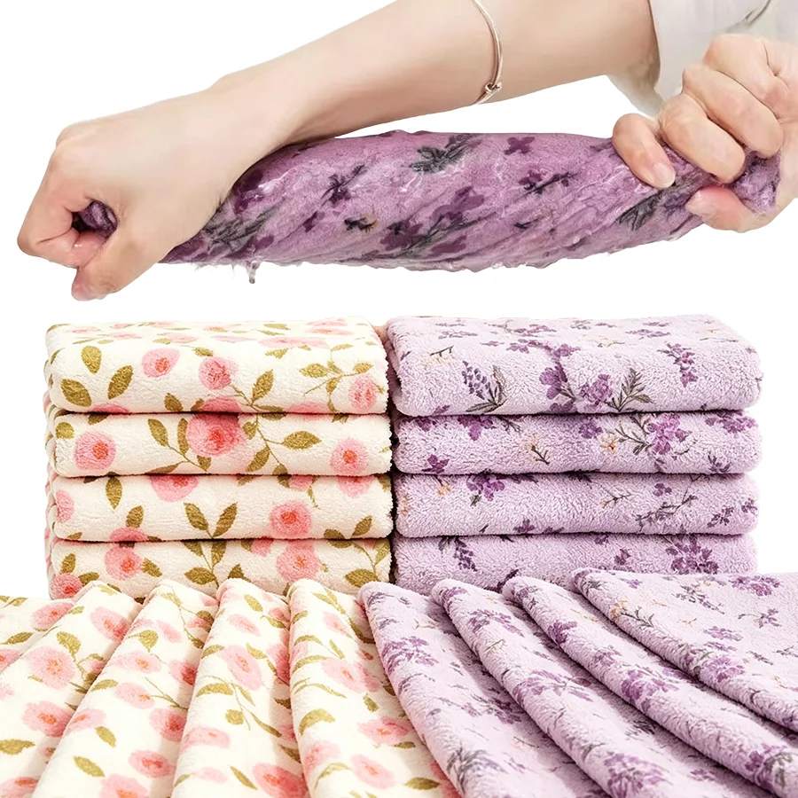 10pcs Floral Printed Coral Fleece Cleaning Cloths, Soft Absorbent Dish Towels, Wiping Rags for Kitchen Counter, Tableware, XJM
