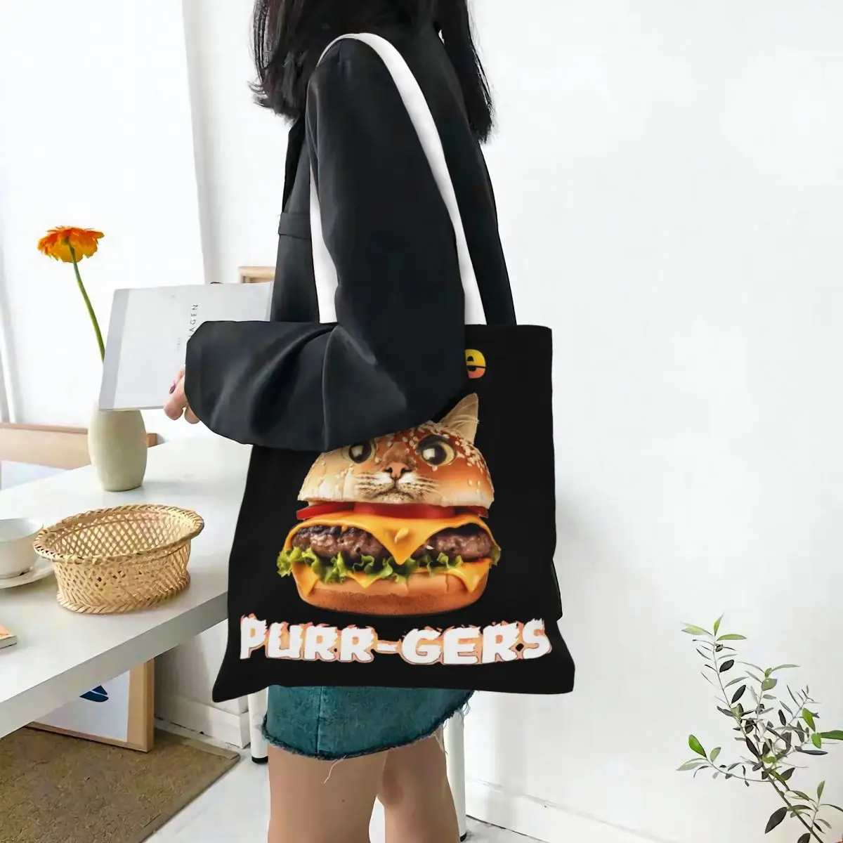 Bolso Tote Unisex de lona con diseño único, bolsa divertida de hamburguesa, gato, Meme, I Love PURR-GERS, comida chatarra, informal, Y2K