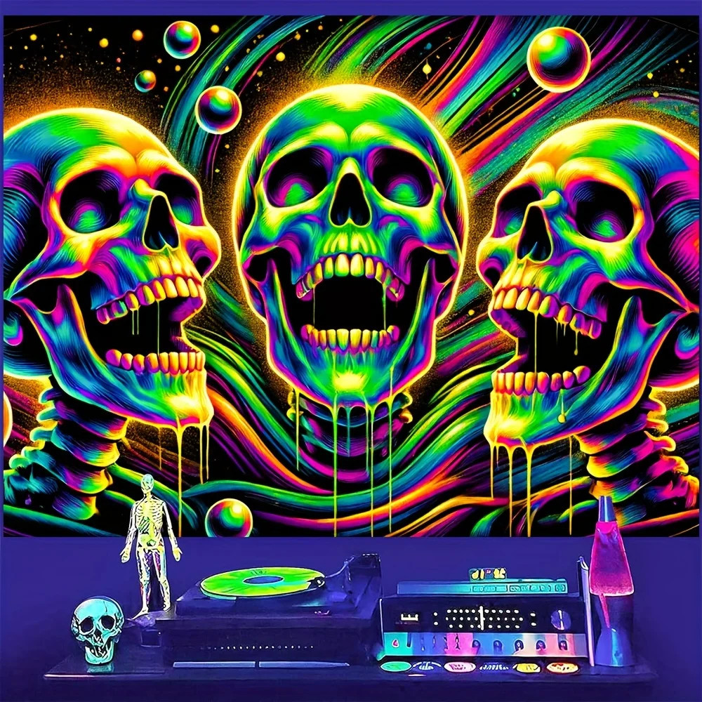 VIKAMA Halloween Psychedelic Skull Tapestry Neon Drip Ink Music Studio Game Room Trendy Living Room Decor