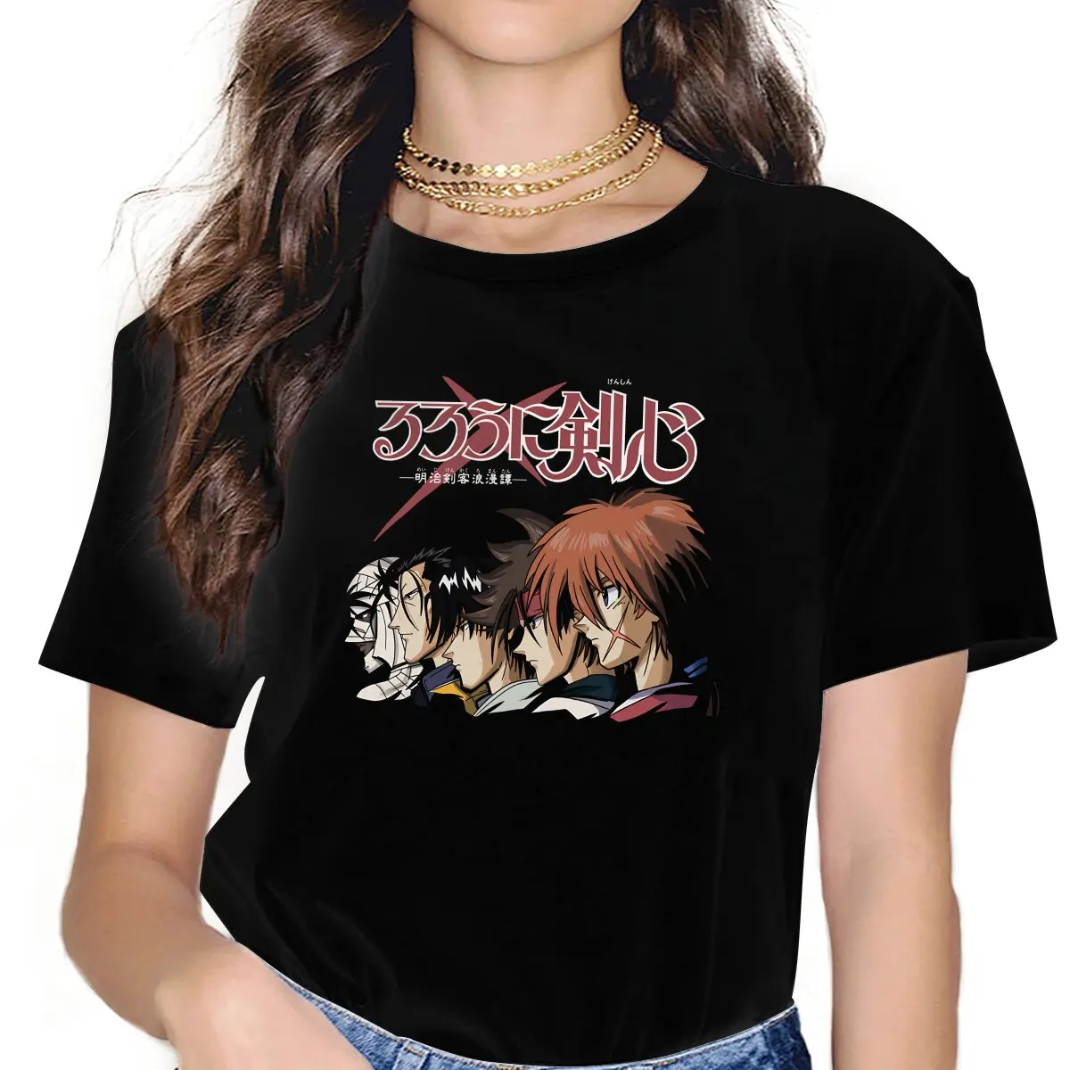 Popverse Samurai X Black Women Clothing Rurouni Kenshin Manga Graphic Female Tshirts Vintage Grunge Loose Tops Tee