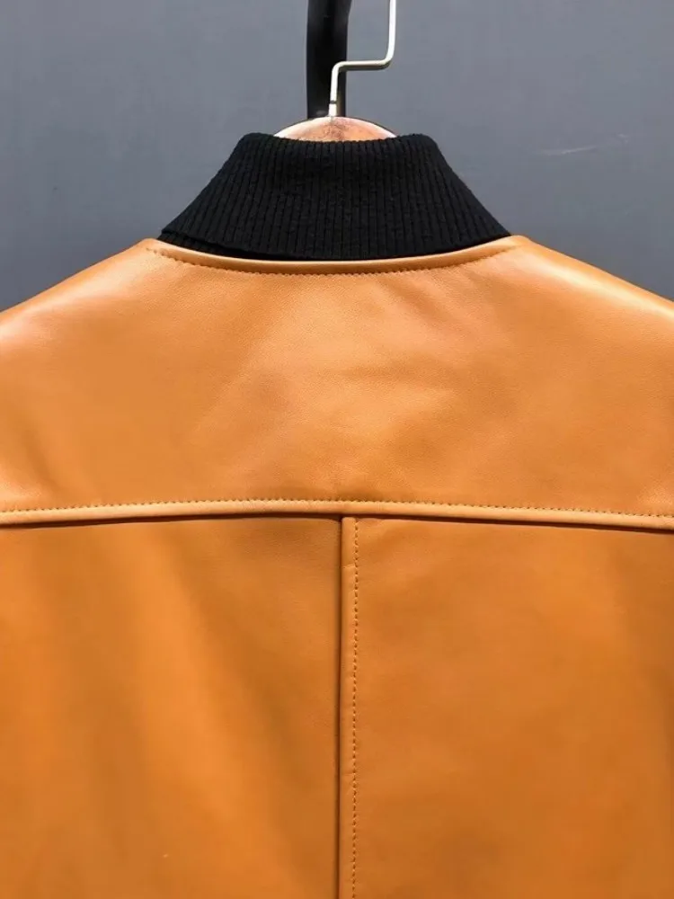 Autunno primavera pelle di pecora naturale O-Collo moda arancione giacca da donna dritto monopetto in vera pelle cappotto corto capispalla