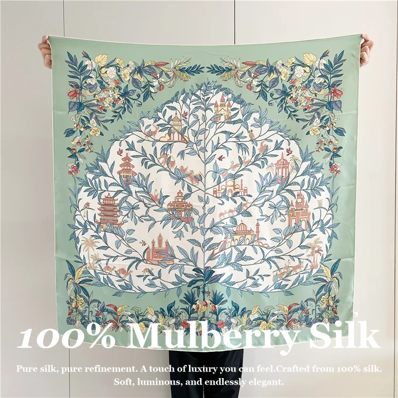 

110cm Luxury Real Silk Scarf 100% Mulberry Silk Hand Rolled Edge Large Square Shawl Wrap Floral Hijab Pashmina Poncho Scarves