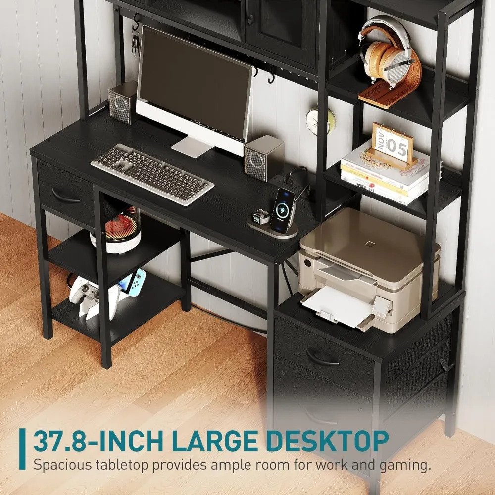 مكتب كمبيوتر صغير مع كوخ وأدراج، مكتب كتابة قابل للتمديد مع طاولة ثانوية قابلة للسحب، حامل شاشة وعجلات دوارة، ج #4