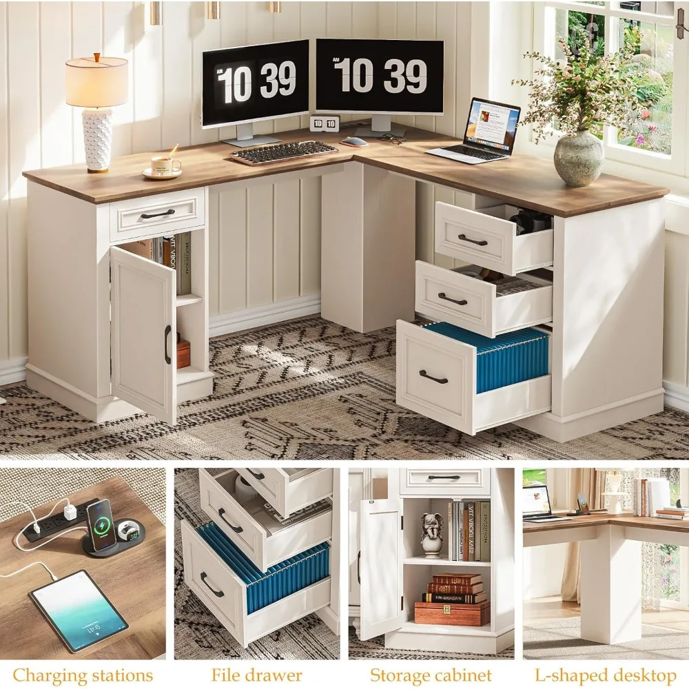 مكتب الزاوية التنفيذي للمكتب المنزلي: مكتب خشبي على شكل حرف L مع محطة شحن وأدراج وخزانة تخزين #4