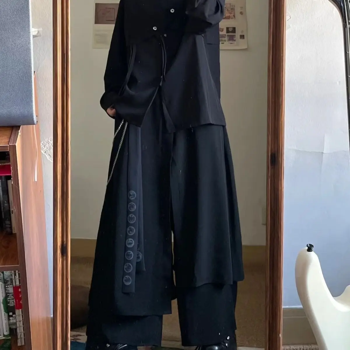 Retro Dark New Chinese Style Multi-layered Irregular Black Culottes for Women Spring and Summer Loose Yamamoto Wide-leg Pants
