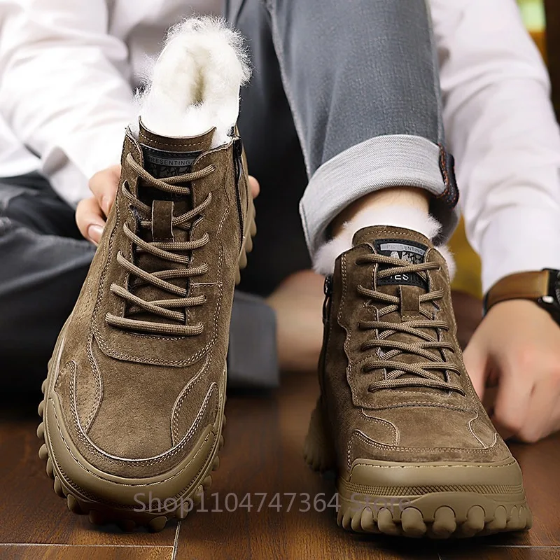 Winter Wool Lined Snow Boots Men's Shoes Genuine Suede High Top Ankle Boots Side Zipper Non-slip Rubber Sole Outdoor Warm Male