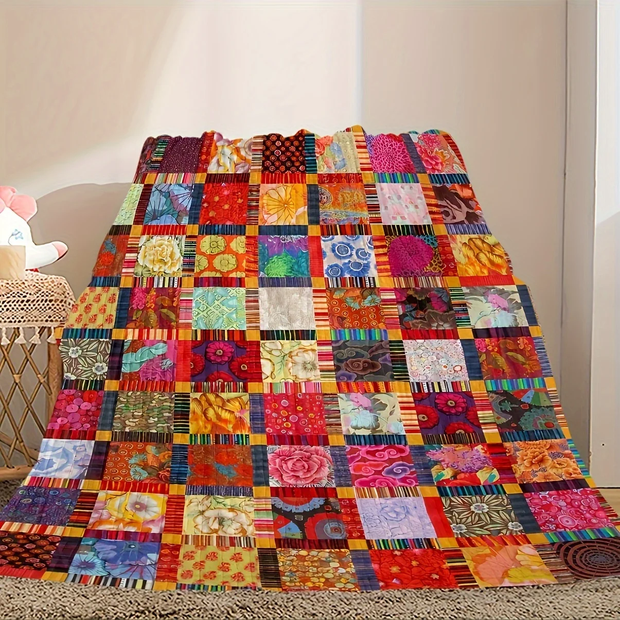 Vintage Patchwork Quilted Art Pattern Decorative Throw Blanket for Sofa, Bed, Living Room, and Home Decor Styling