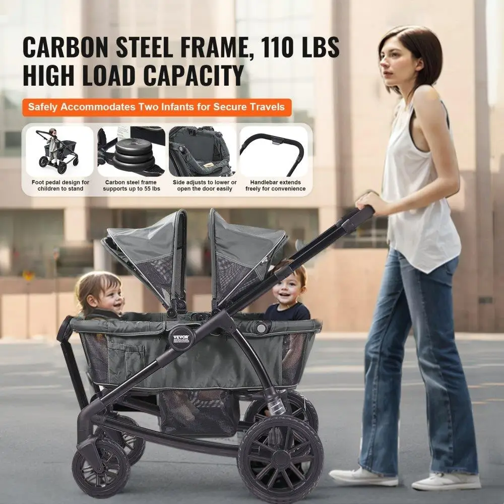Foldable All Terrain Stroller Wagon for Two with Canopy Snack Tray and Parent Organizer Dark Grey Black
