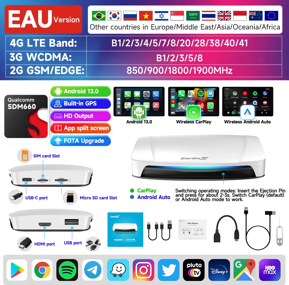 8 + 128G Carlinkit Tv Box Android 13 Draadloze Carplay Auto Box Mini Android Auto Draadloze Adapter Qualcomm 8 cores Fota Upgrade HDMI