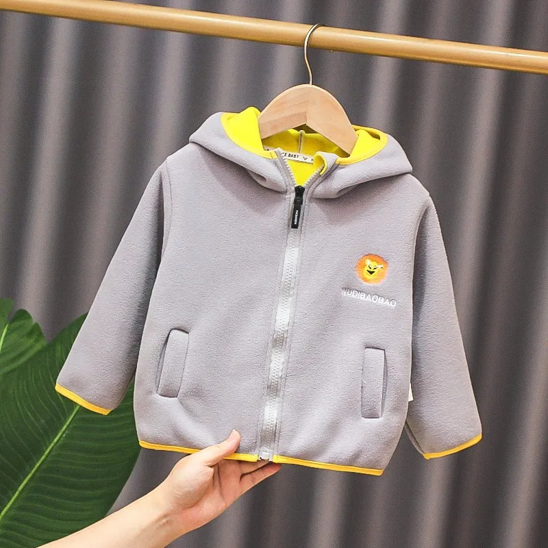 2024 Autumn winter new children\'s wool jacket spring jacket boys and girls hooded long sleeved cardigan zipper jacket1-8Y