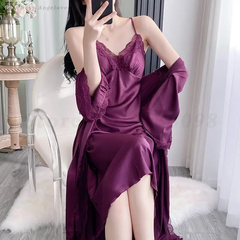 

Sexy Long Nighty&Robe Set Lace Spaghetti Strap Nightdress Lingerie Sleepwear Silk Satin Kimono Bathrobe Home Dressing Gown