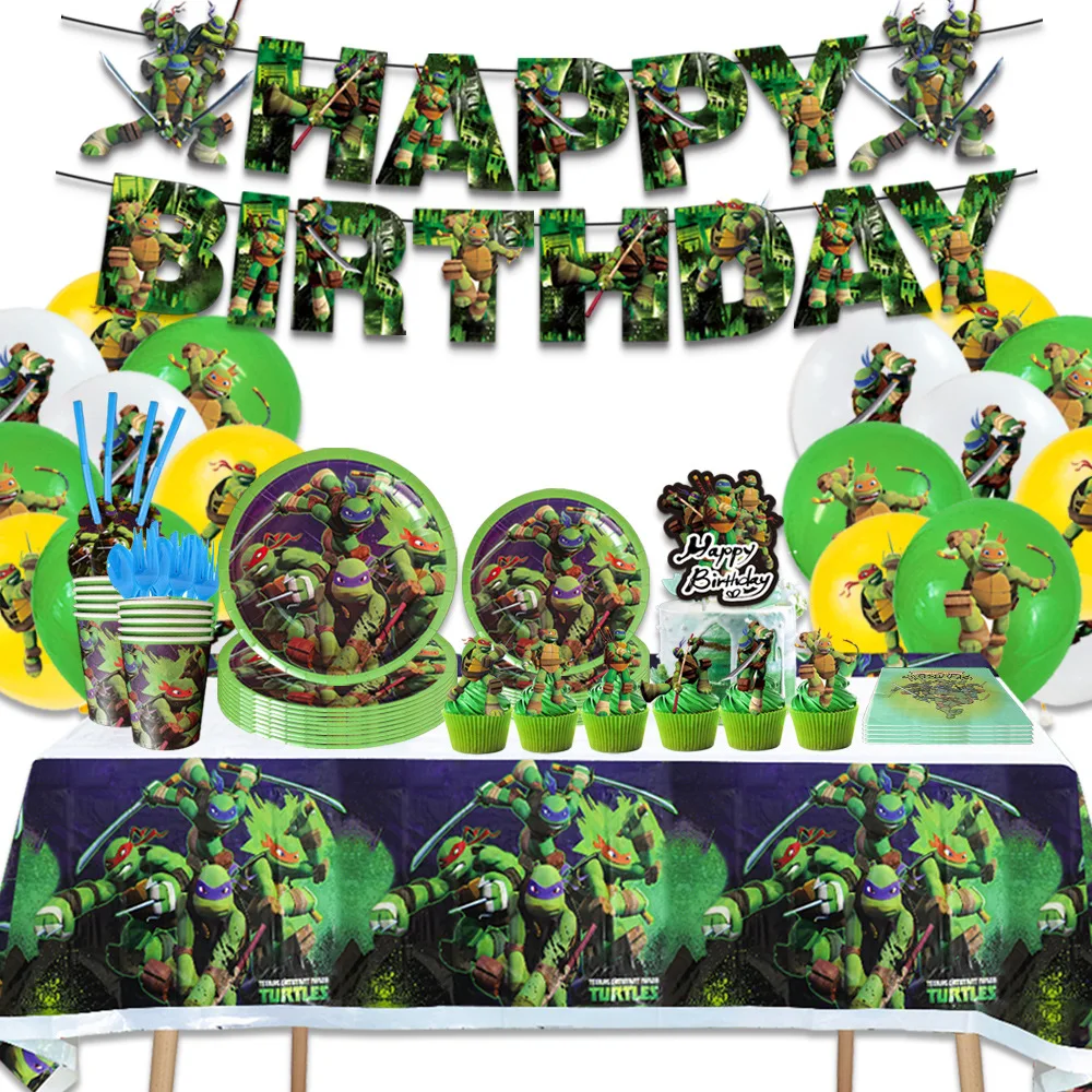 Descartável Birthday Party Supplies Set, balões e Banner, Bolo Topper, Bandeira Pendurada, Decorações, Teenage Mutant Ninja Turtles