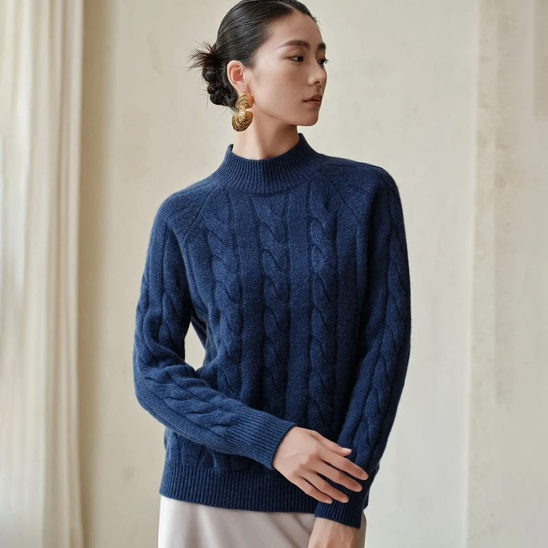 

Twist Flower Thick Soft 100% Cashmere Sweater For Winter Pullover Women Mock-Neck Long Sleeve Knitwear Warm Clothing Tops