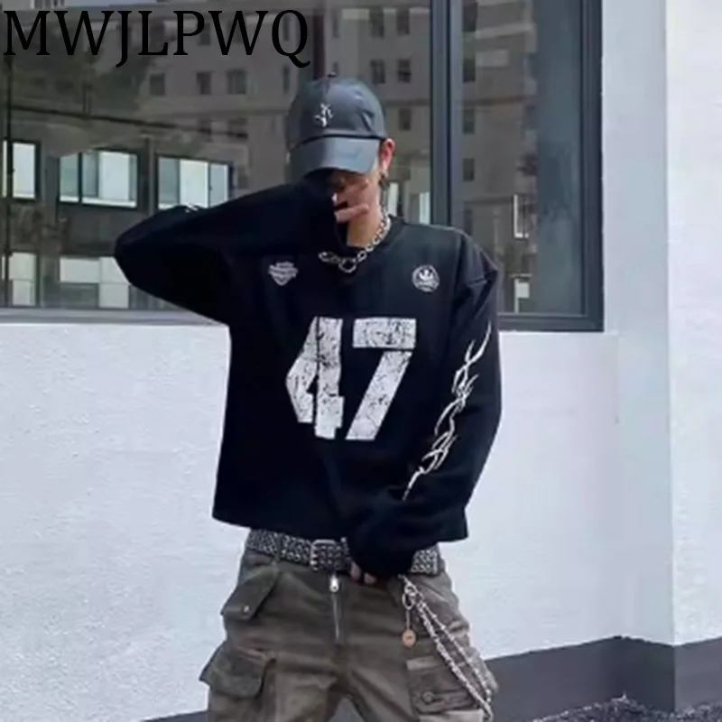 

MWJLPWQ Retro Printed Letter Long Sleeve T-shirts High Street Men's Round Collar Loose Casual Couple Tops 2025 Autumn 010721