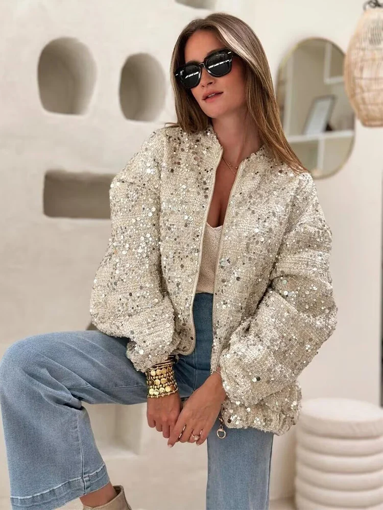 

Elegant Sequined Women Jacket Long Sleeve Zippers Pocket Pleated Casual Female Coat Street 2025 Autumn Lady New In Outerwears