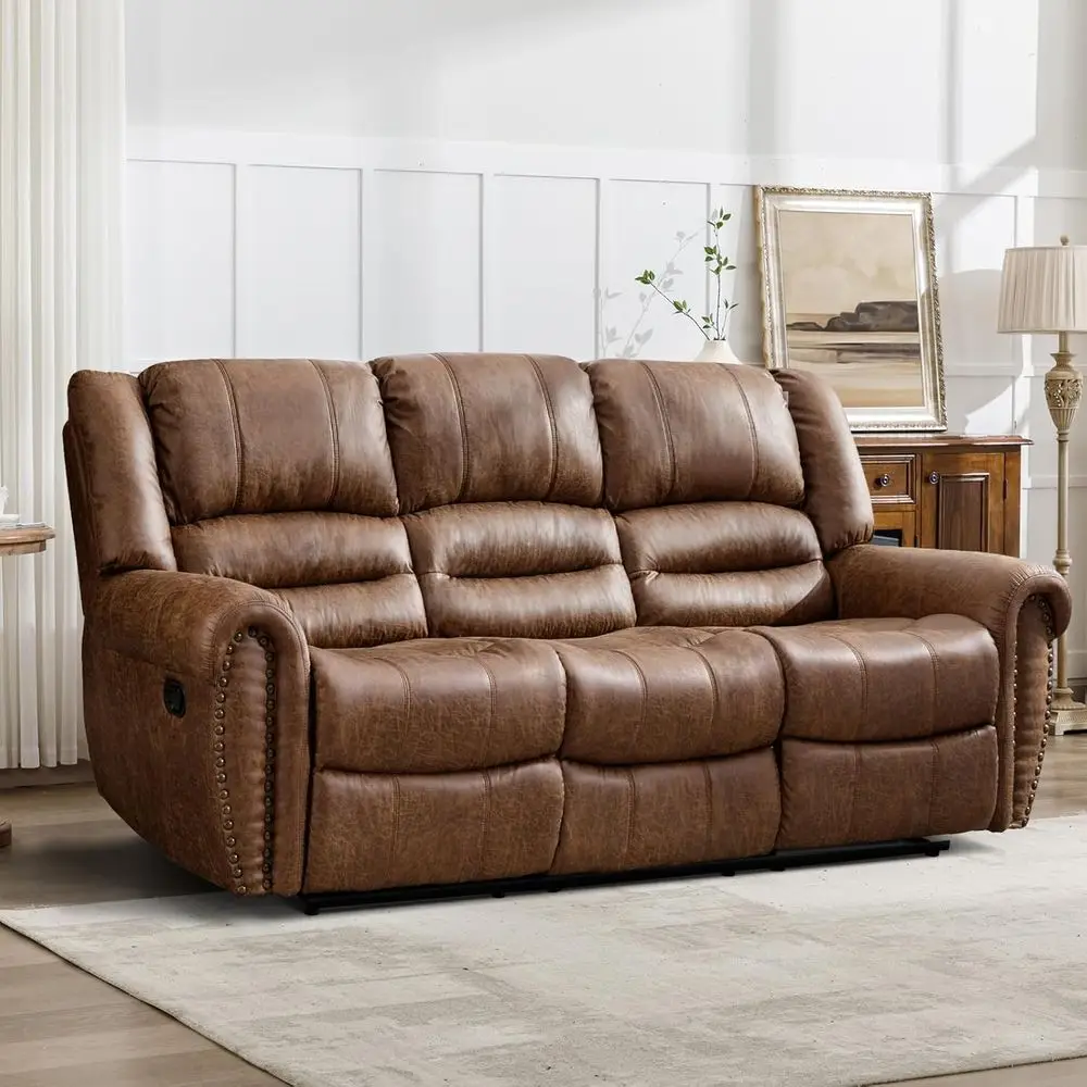 

Brown 3-Seat Leather Manual Reclining Sofa Set for Living Room or Meeting Space