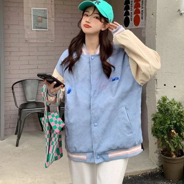 2025 New American Style Baseball Jacket Women Loose BF Lazy Short Coat Slimming Top Casual Loose Fit Color Block Long Sleeve