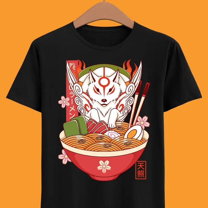 Sun Goddess Ramen Unisex T-shirt Okami Sequel Amaterasu White Wolf Kitsune Japense Art Video Game Tee Gaming Shirt