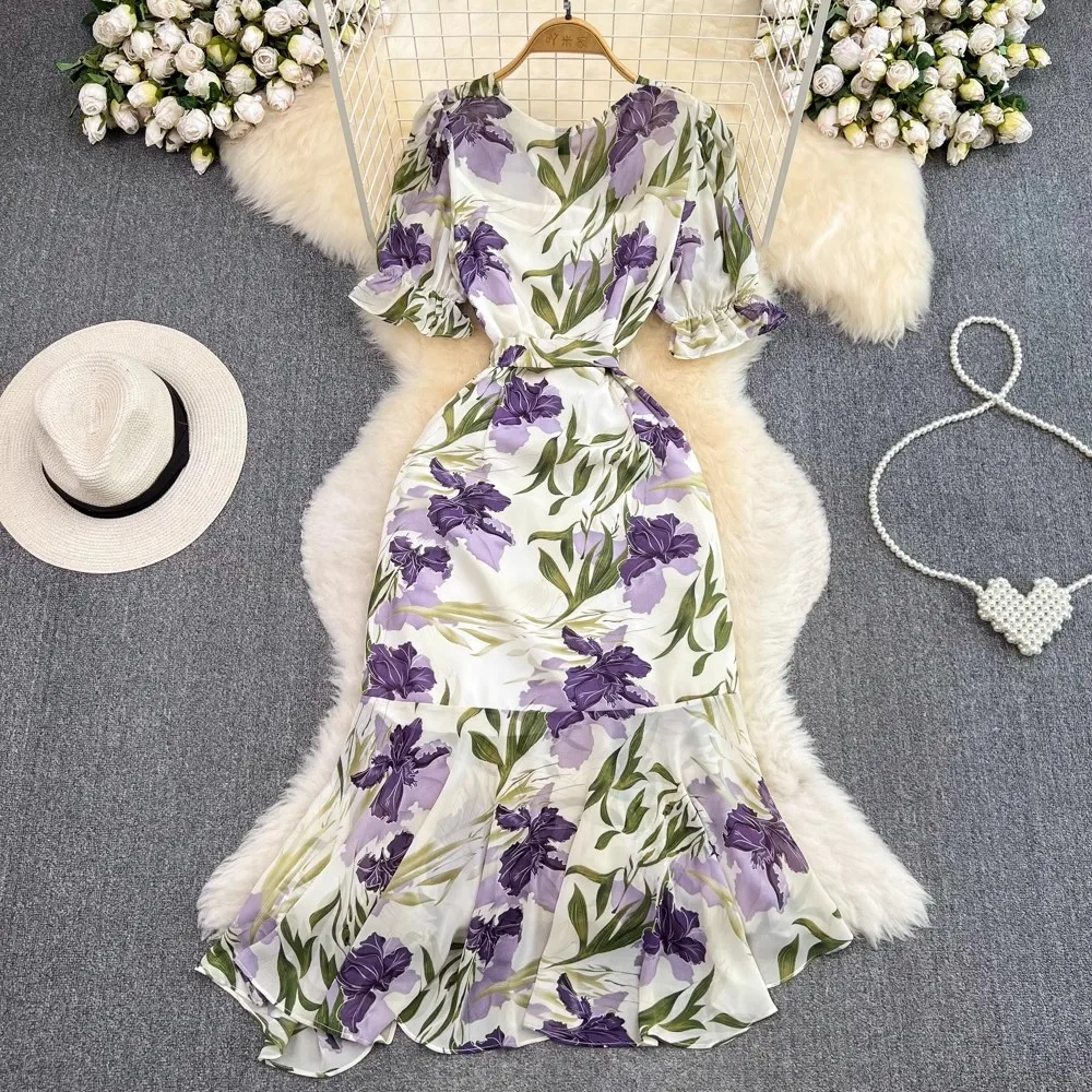 Alta qualidade frança verão roxo vestido de flor do vintage feminino babados chiffon floral impressão rendas até magro férias midi vestidos