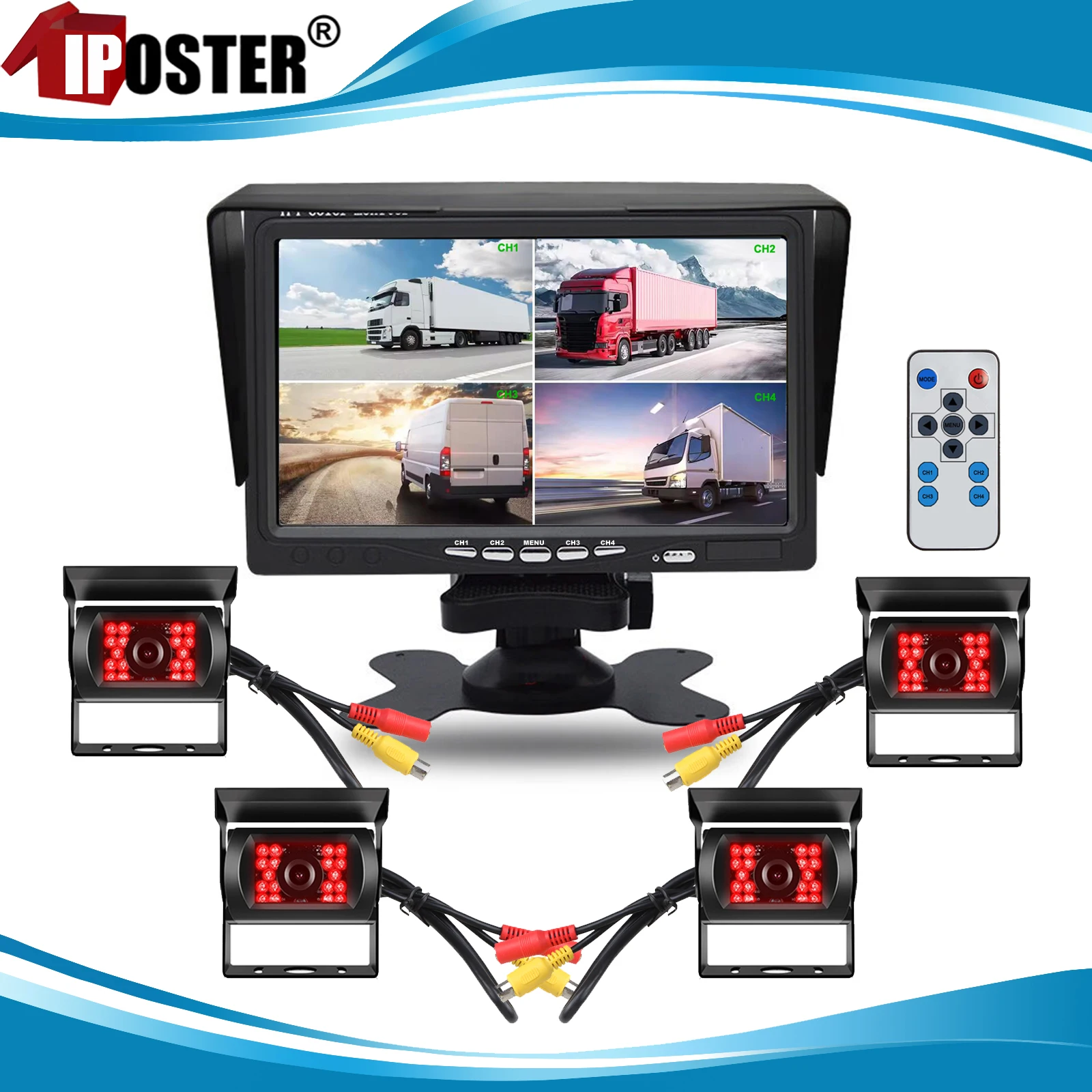 

iPoster 7 Inch Quad Monitor Split Screen 4ch AV In+1/2/4 CCD Color Rear View Cameras RCA DC Connector 12-24v For Rv Caravan Bus