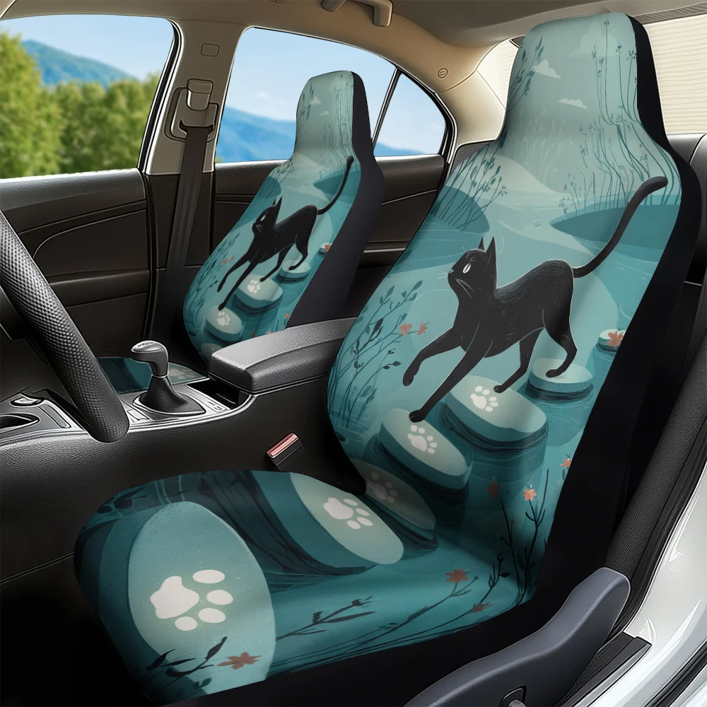 2pcs, Car Seat Covers Black Cat Stepping Stones Night Themed, Foldable And Durable, Fit For Most Vehicles, Great For Holiday Gi