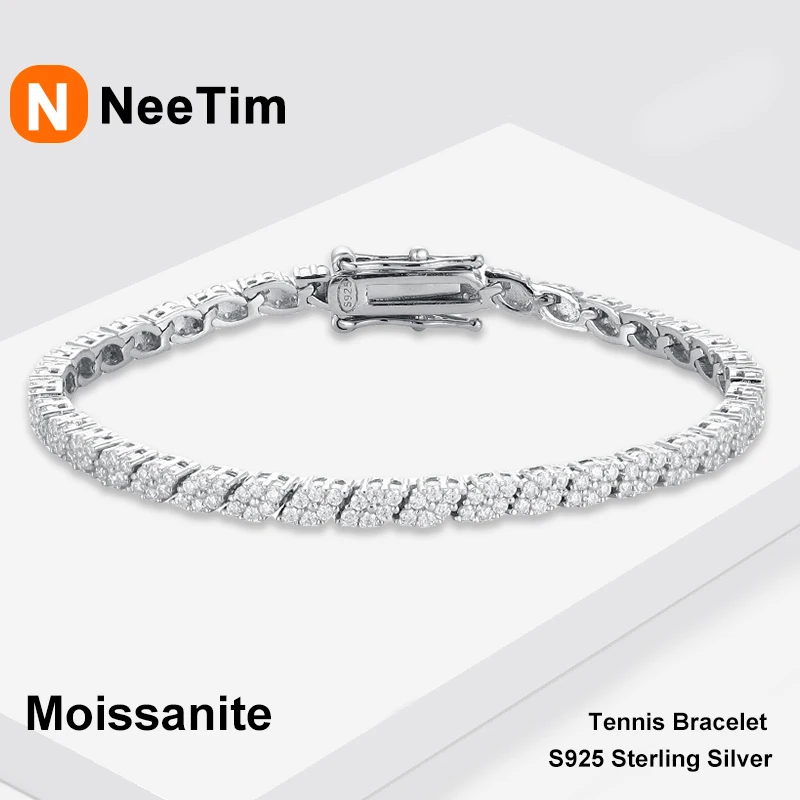 NeeTim Full 1.2mm Moissanite Tennis Bracelet for Women Men S925 Silver with Plated 18K Gold Chain Party Engagement Bracelets