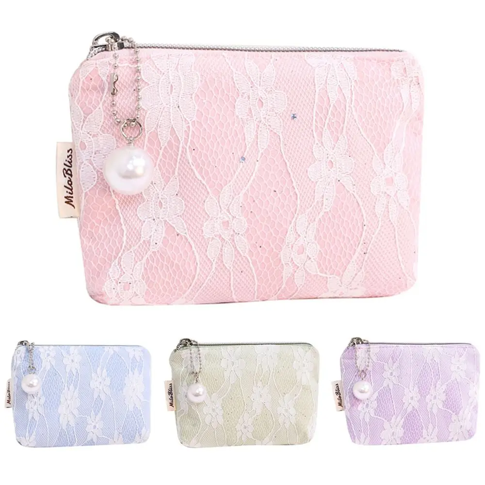 

Portable Lace Floral Coin Purse Zipper Small Key Wallet Pearl Lightweight Storage Pouch
