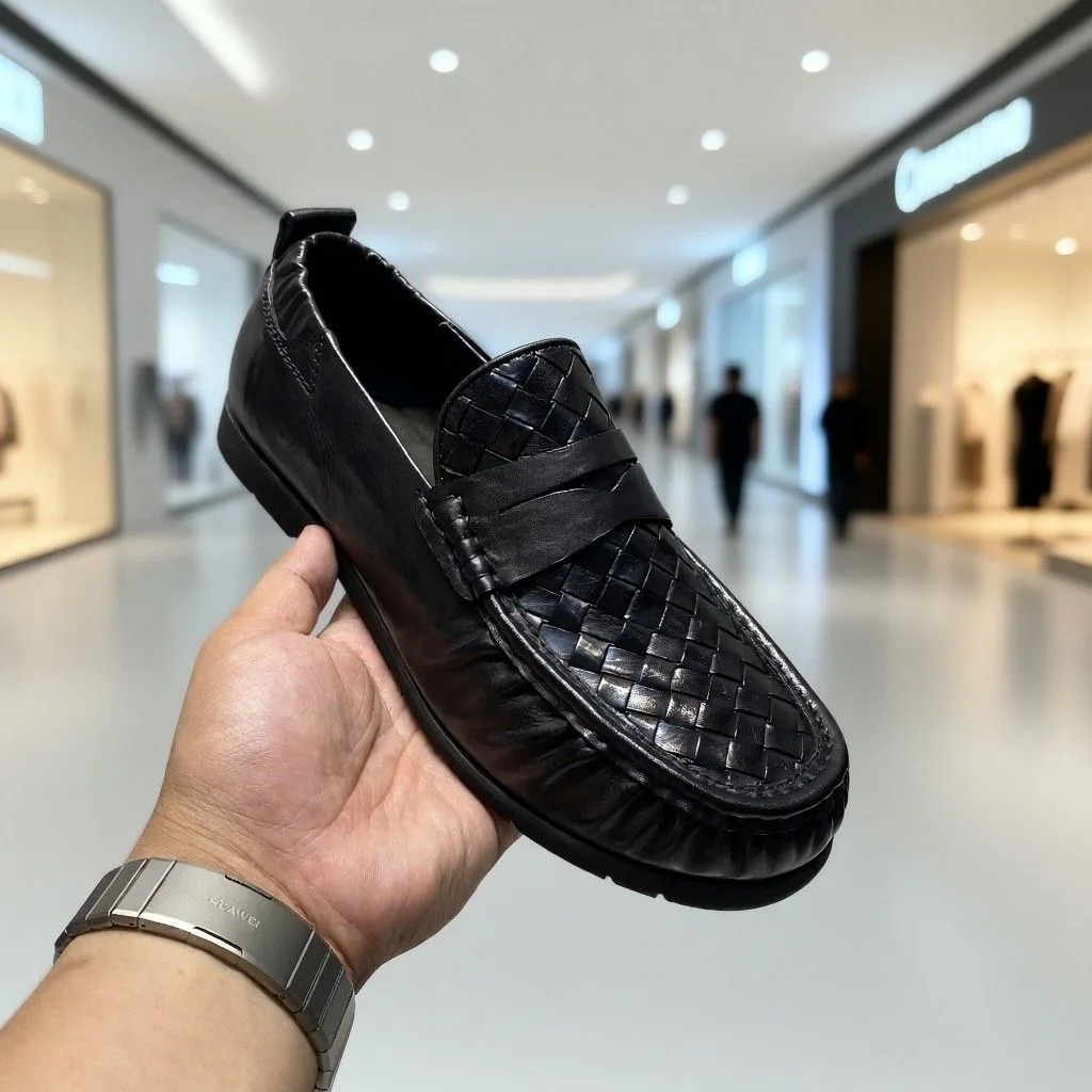 Flat Loafer Shoes Women Burgundy Hand Woven Leather Slip On Round Toe Low Flat Sole Comfort Daily Workplace Casual Fashion Footw