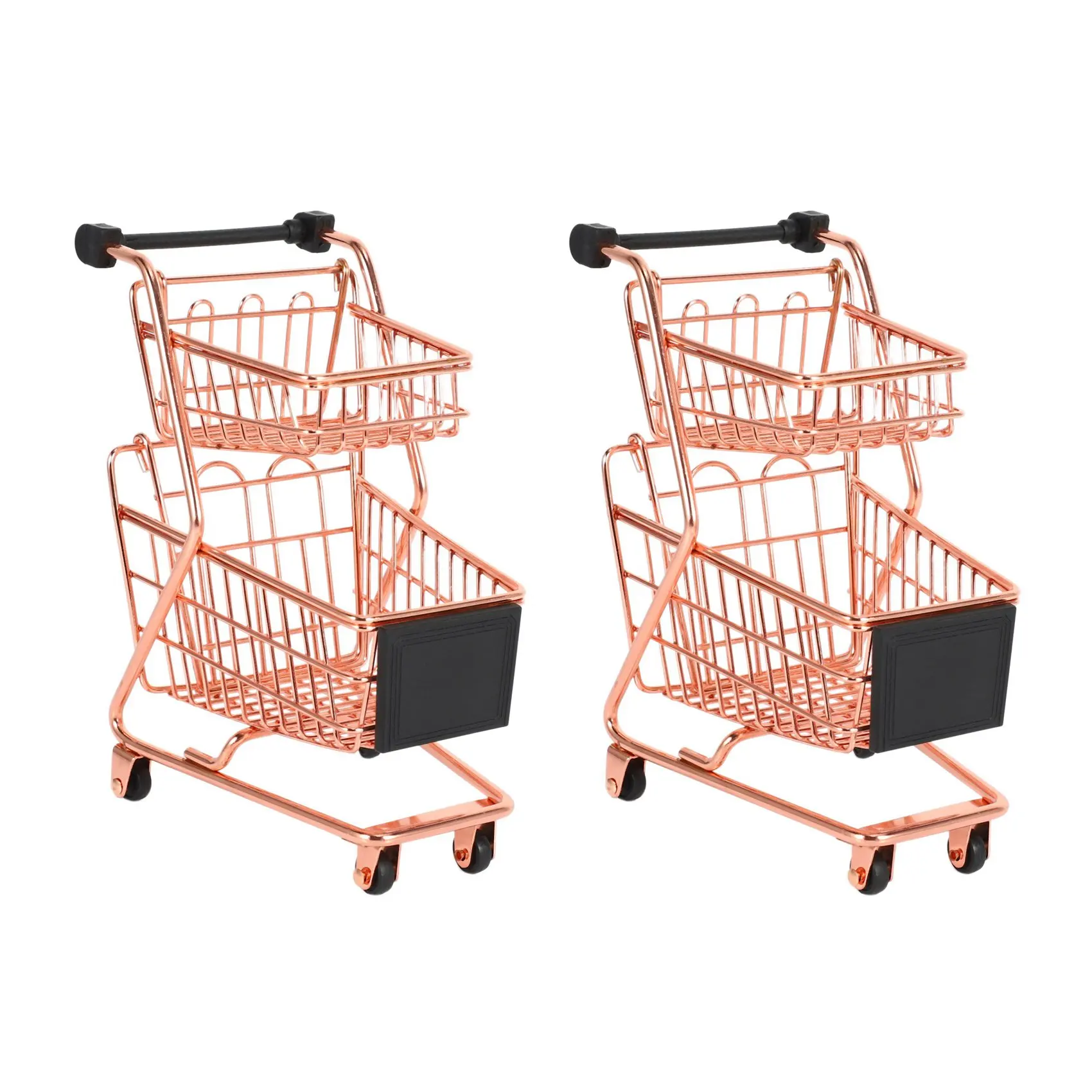 BHBD-2X Mini Double Layers Shopping Cart Model Wrought Iron Supermarket Trolley Metal Rose Gold Storage Basket Rose Gold