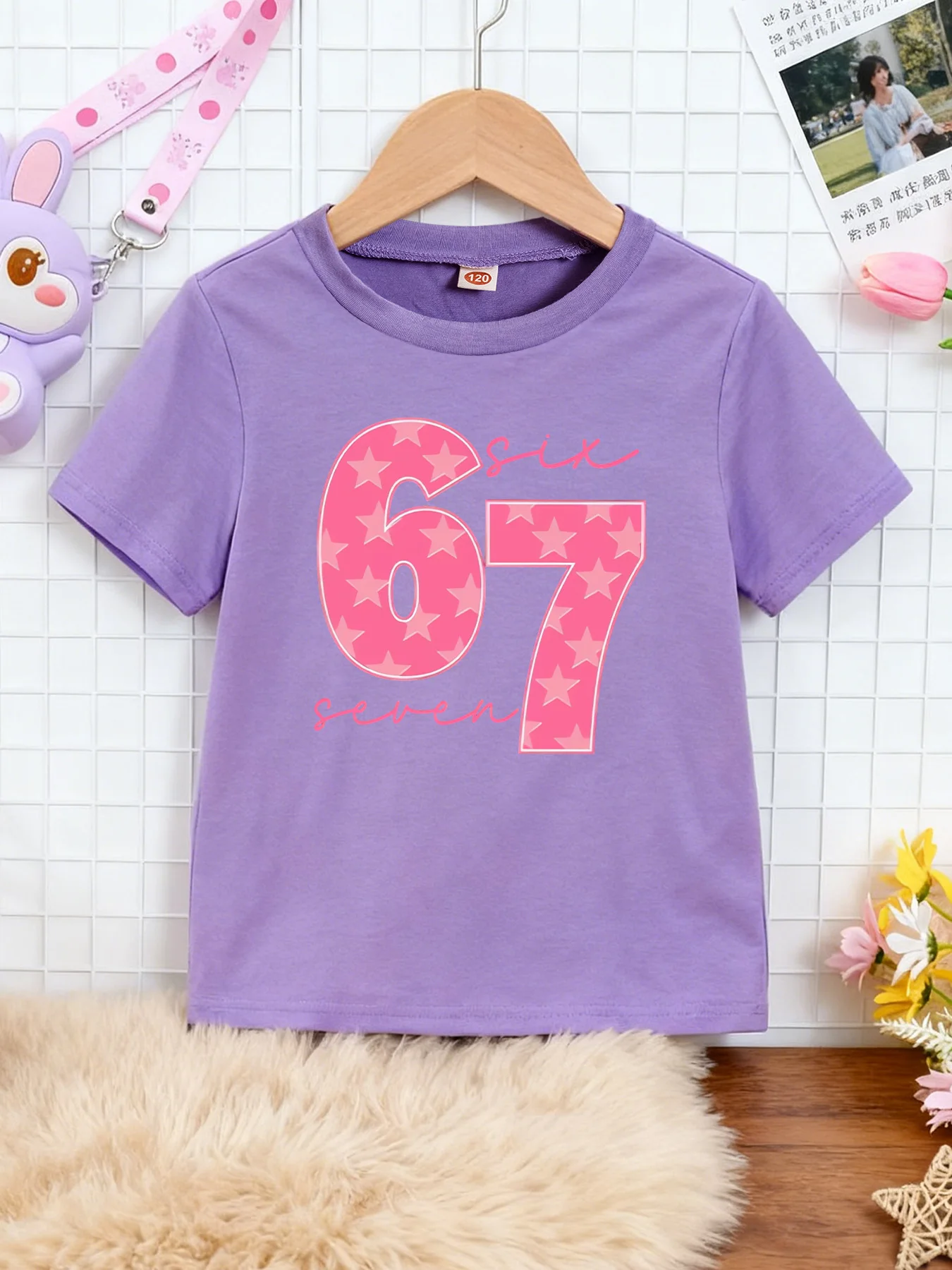 

Purple Children's Short-Sleeved T-Shirt,Cute Pink Star"67"Digital Print Girls'Summer Round-Neck Breathable Baby Half-Sleeved Top