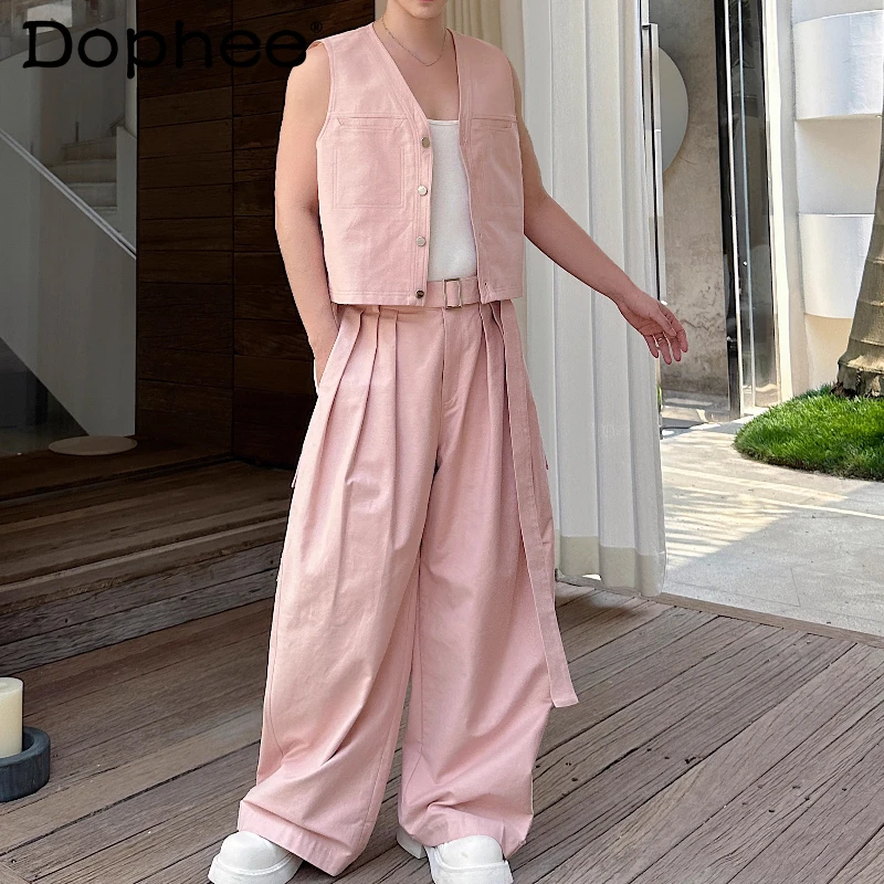 

Male 2025 2pcs Niche Design Trendy Solid Color Sleeveless Vest Sets Cargo Pants Wide Leg Pants Loose Comfort Chic Two-piece Sets