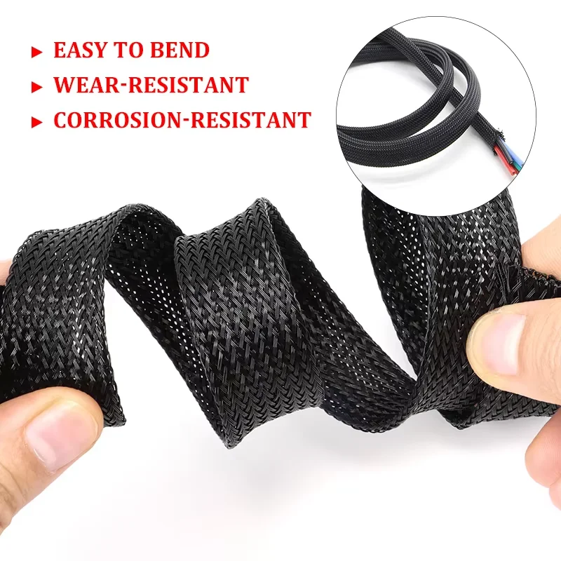 PET Elastic Woven Wire Mesh Black Encrypted Flame Retardant Woven Wire Mesh Nylon Computer Wire Mesh Tube Telescopic Sleeve 10m