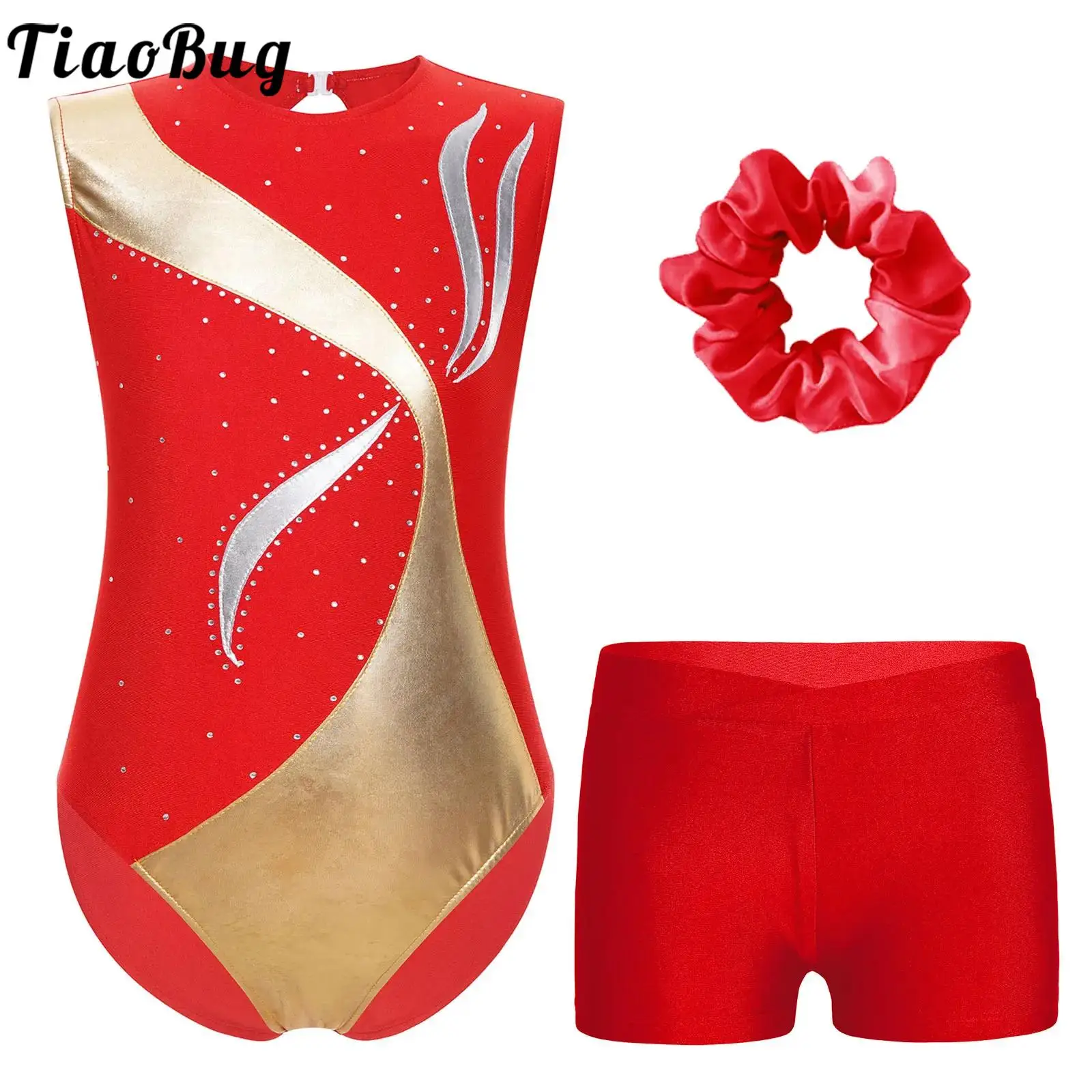 

Kids Girls Gymnastics Outfit Ballet Dance Suit Metallic Patchwork Sleeveless Rhinestones Leotard and Waistband Shorts Headwear