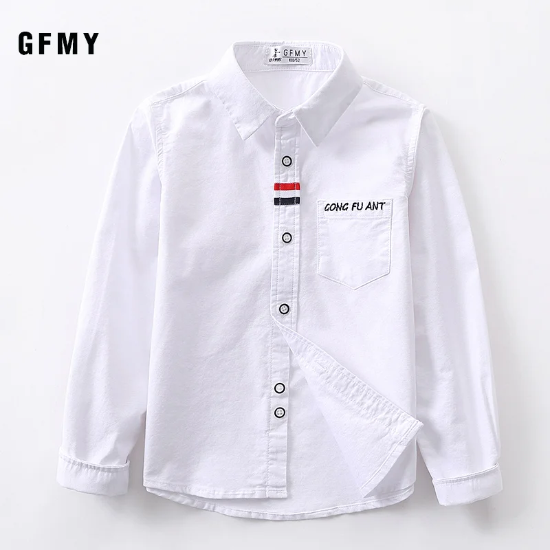 GFMY 2023 Spring 100% Oxford Textile Cotton Lapel Full Sleeve Embroidered Letters Solid Color Pink Blue Boys White Shirts